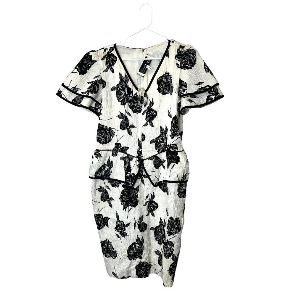Christian Dior VTG  Robes Du Soir Black & White Floral Puff Sleeve Dress 12